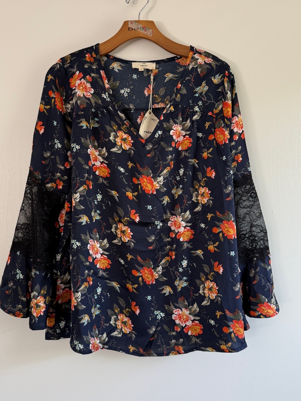 entro Navy Floral V-Neck Blouse with Lace Bell Sleeves